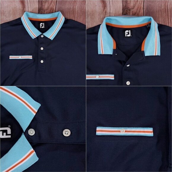 Footjoy FJ Mens Sz XXL Blue Orange Colorblock Striped One Pocket Golf Polo Shirt - Picture 3 of 12